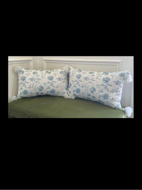 Source Unknown Blue and White Floral Tassel Lumbar Pillow